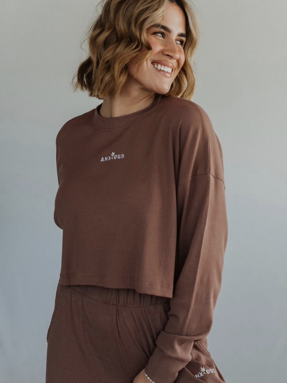 Octopied Mind Soft-rib, Cropped Long-Sleeve Anxious Top in Brown, Size L